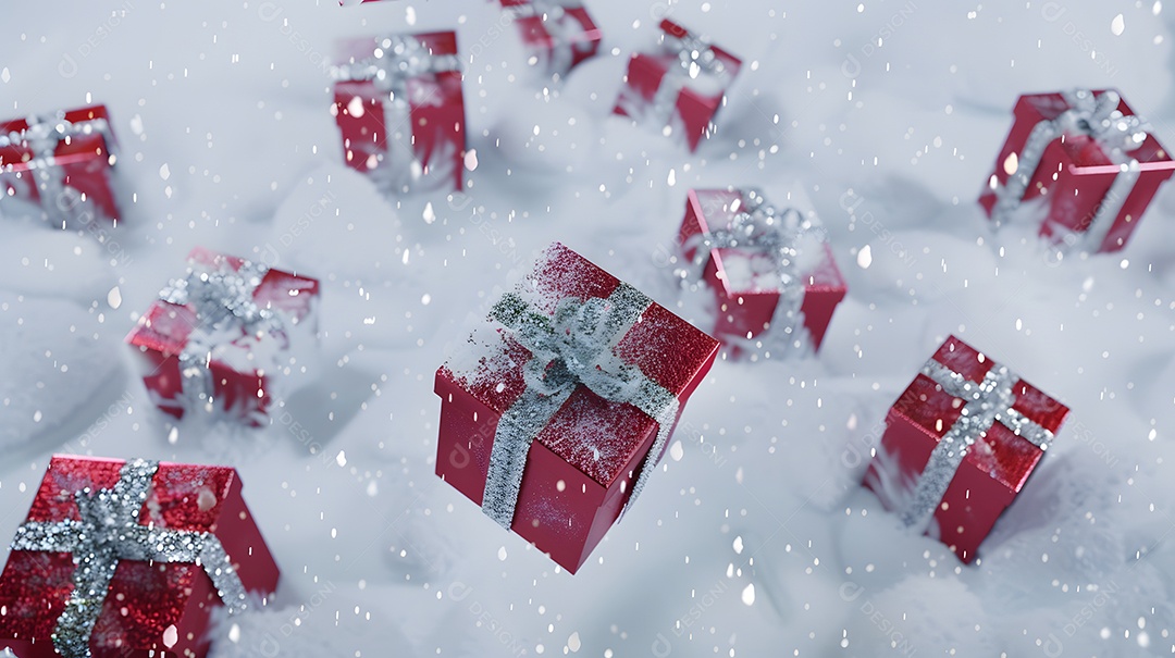 Caixas de presente brilhantes espalhadas na neve gelada