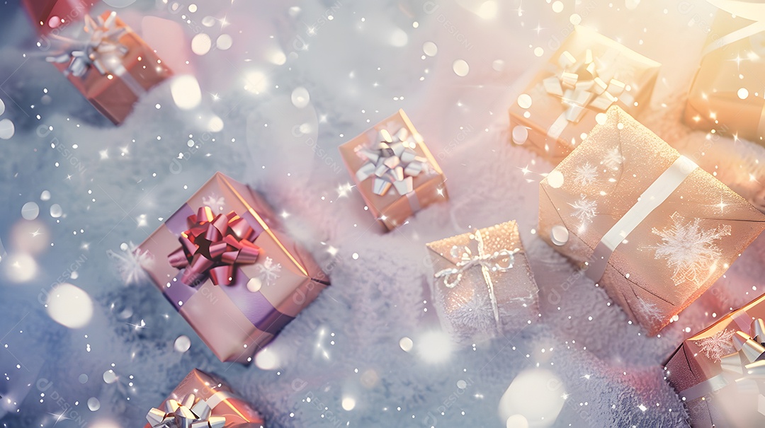 Caixas de presente brilhantes espalhadas na neve gelada