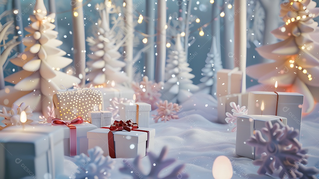 Caixas de presente extravagantes cercadas por um país das maravilhas