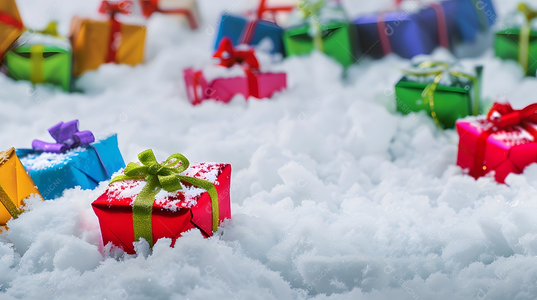 Caixas de presente coloridas aparecendo na neve em pó