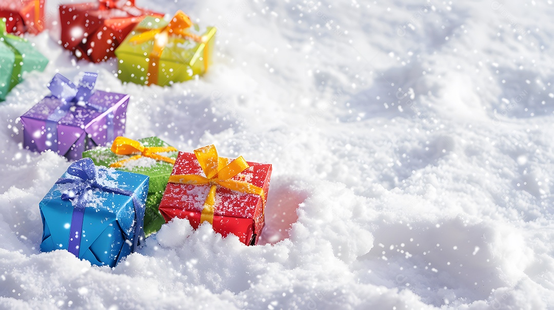 Caixas de presente coloridas aparecendo na neve em pó