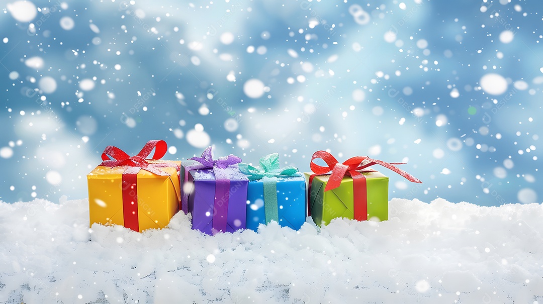 Caixas de presente coloridas aparecendo na neve em pó