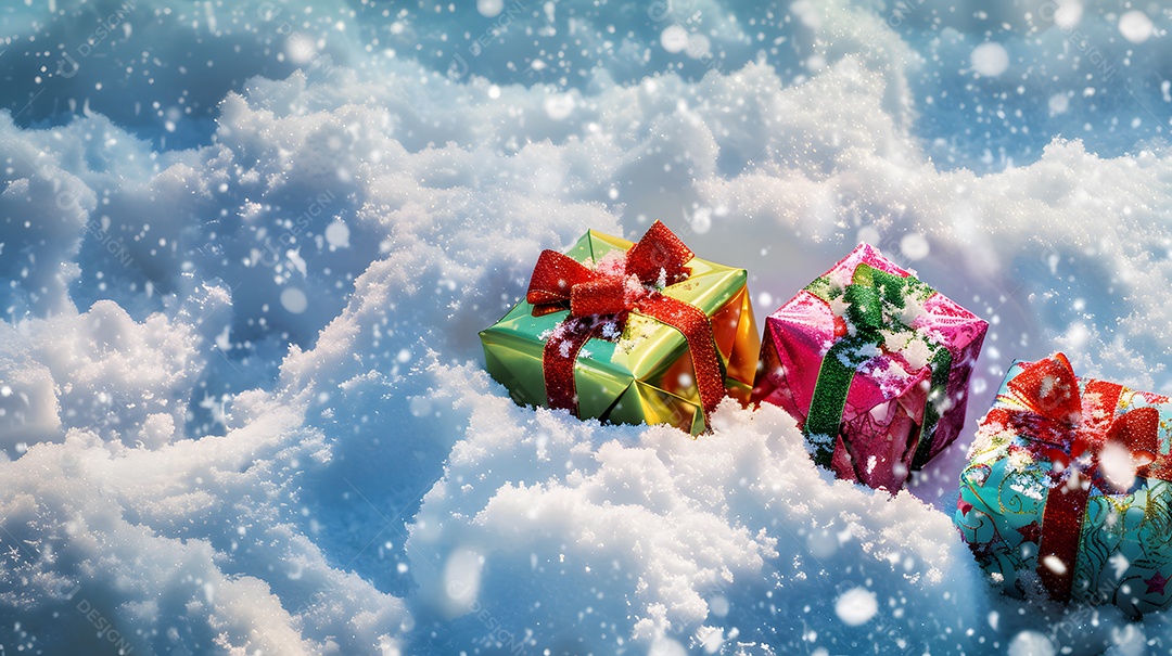 Caixas de presente coloridas aparecendo na neve em pó