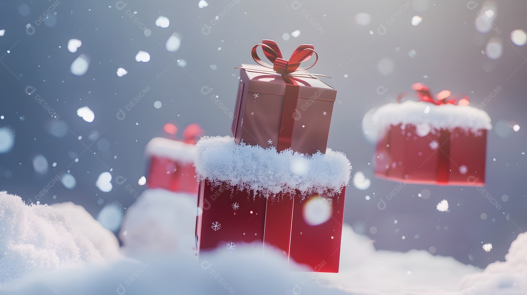 Caixas de presente delicadas equilibrando-se em montes de neve