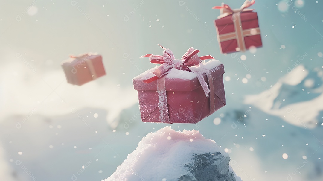Caixas de presente delicadas equilibrando-se em montes de neve
