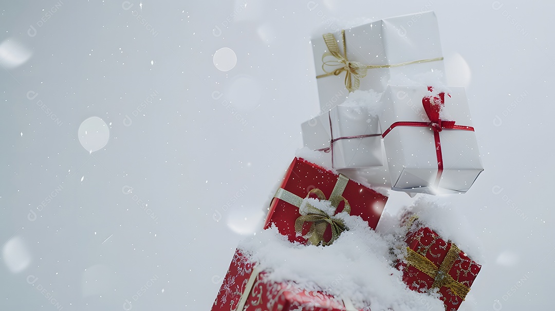 Caixas de presente delicadas equilibrando-se em montes de neve