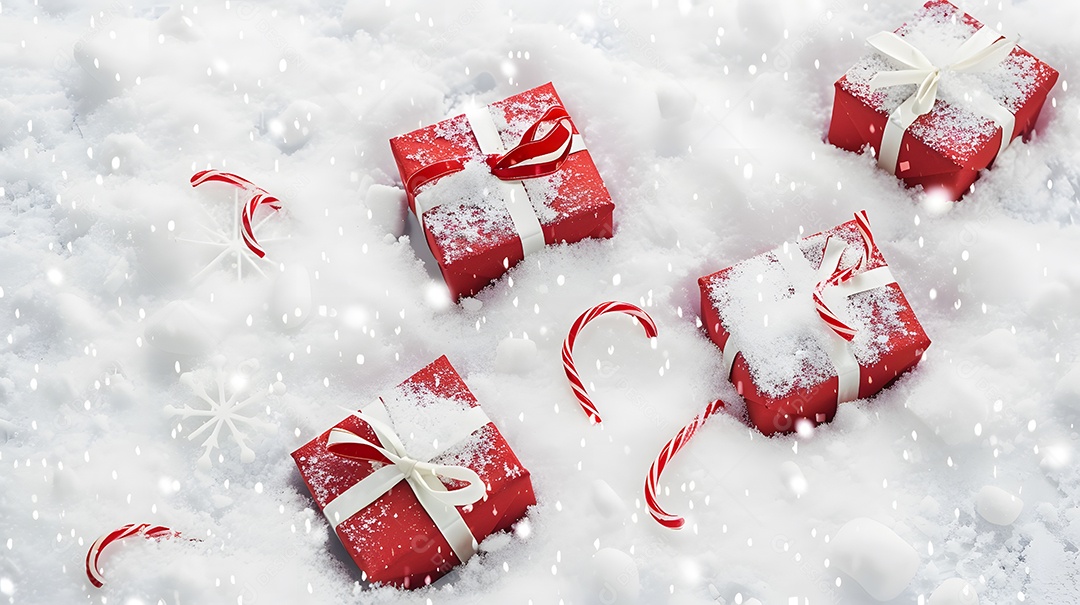 Caixas de presente elegantes cercadas por neve branca e pura