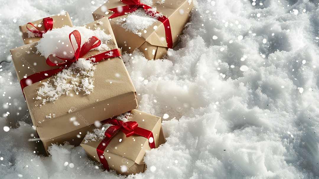 Caixas de presente elegantes cercadas por neve branca e pura