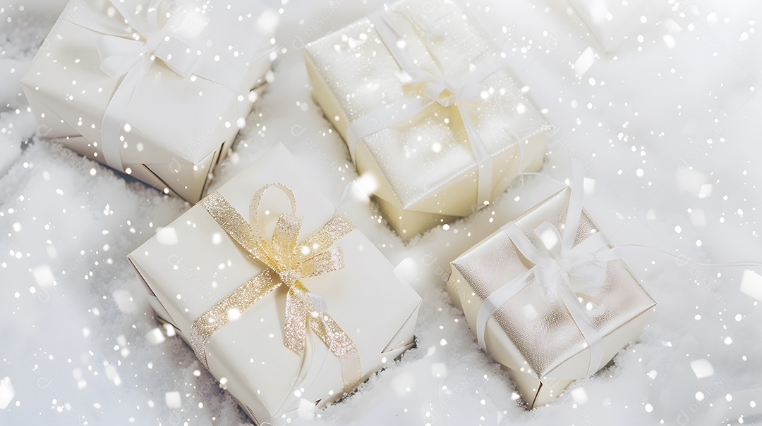 Caixas de presente elegantes cercadas por neve branca e pura