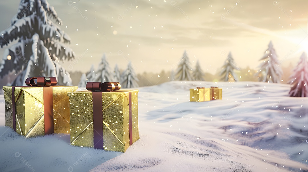 Caixas de presente luxuosas suavemente cobertas de neve recém caída