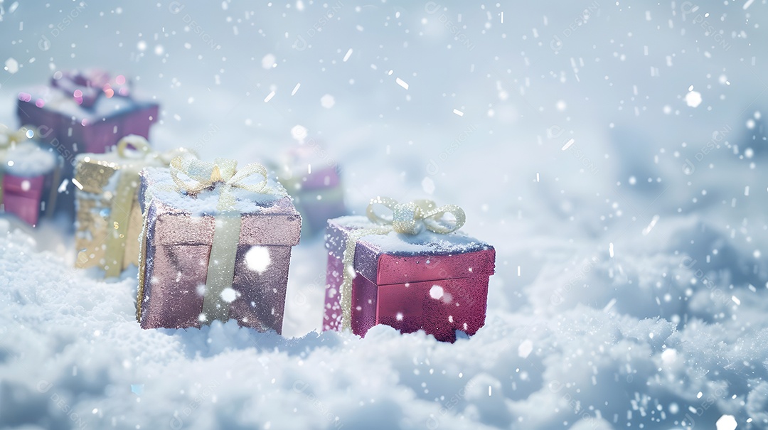 Caixas de presente brilhantes descansando em uma paisagem nevada