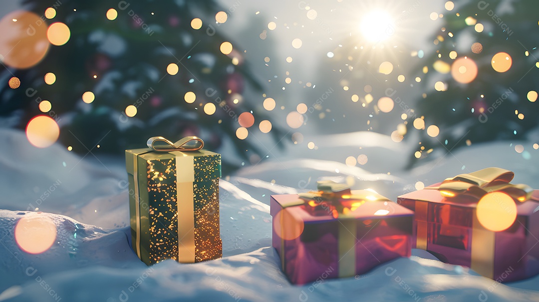 Caixas de presente brilhantes descansando em uma paisagem nevada