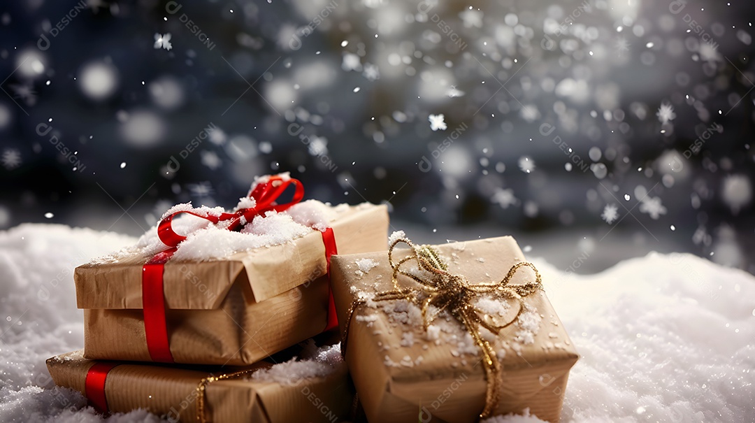 Caixas de presente luxuosas suavemente cobertas de neve recém caída