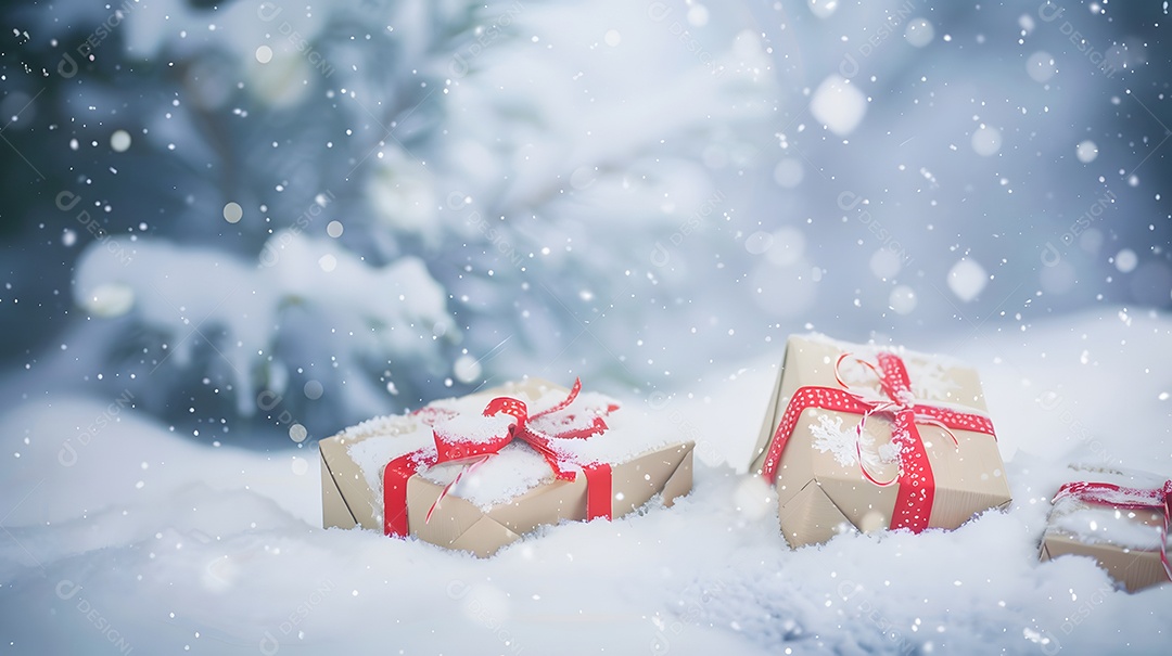 Caixas de presente luxuosas suavemente cobertas de neve recém caída