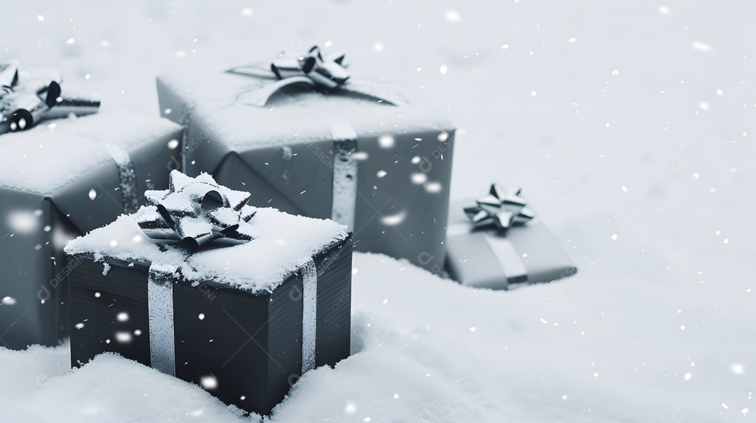 Caixas de presente cheias de mistério cercadas por um manto de neve