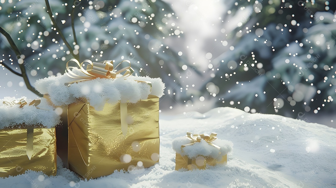 Caixas de presente luxuosas suavemente cobertas de neve recém caída