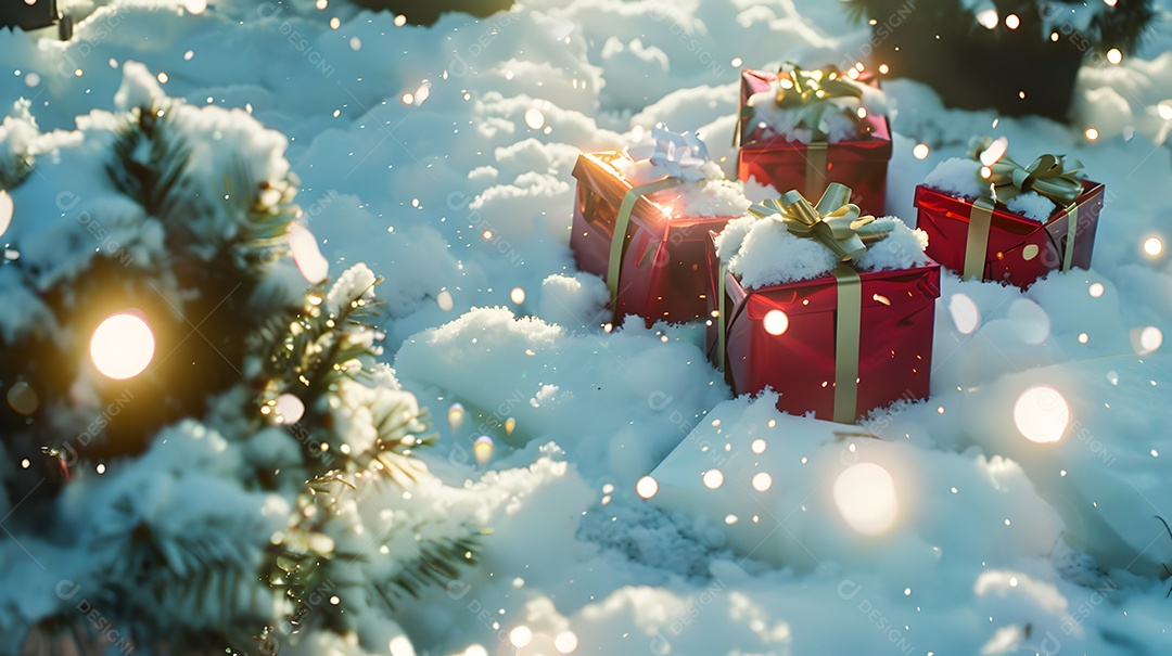 Caixas de presente cheias de mistério cercadas por um manto de neve