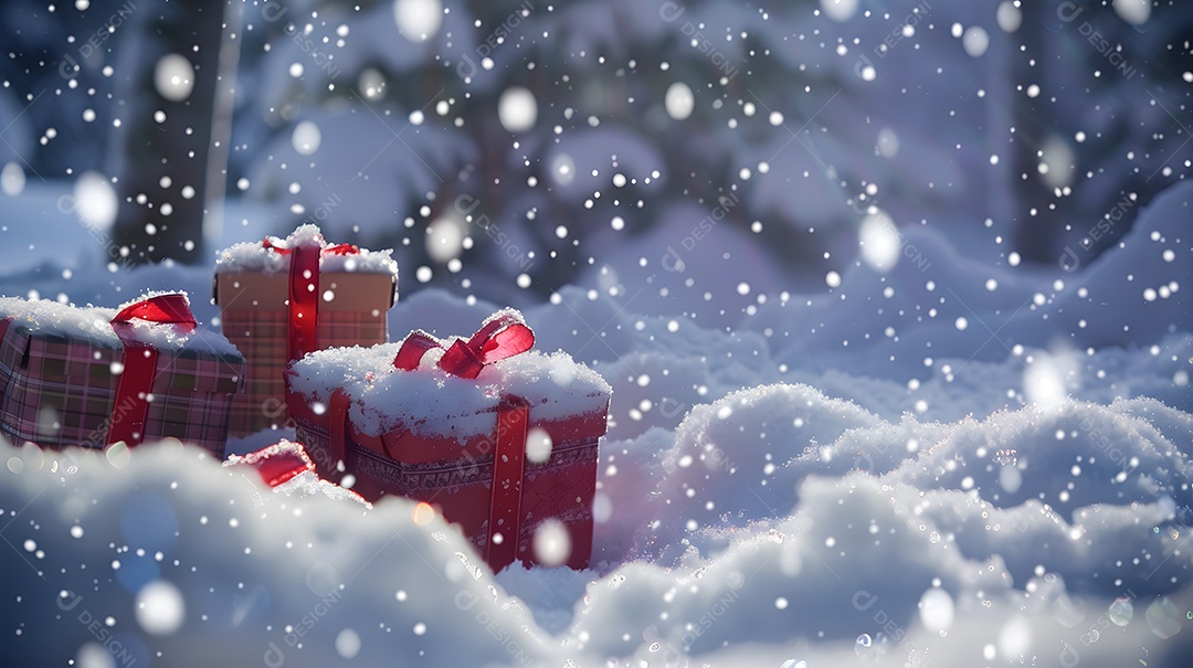 Caixas de presente cheias de mistério cercadas por um manto de neve
