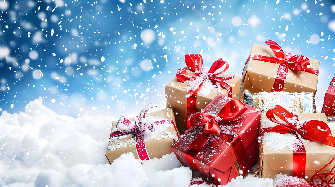 Caixas de presente cheias de mistério cercadas por um manto de neve