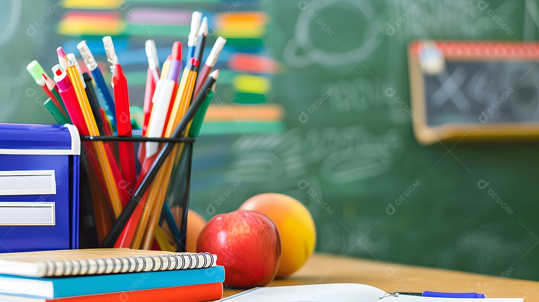 Material escolar colorido em uma mesa