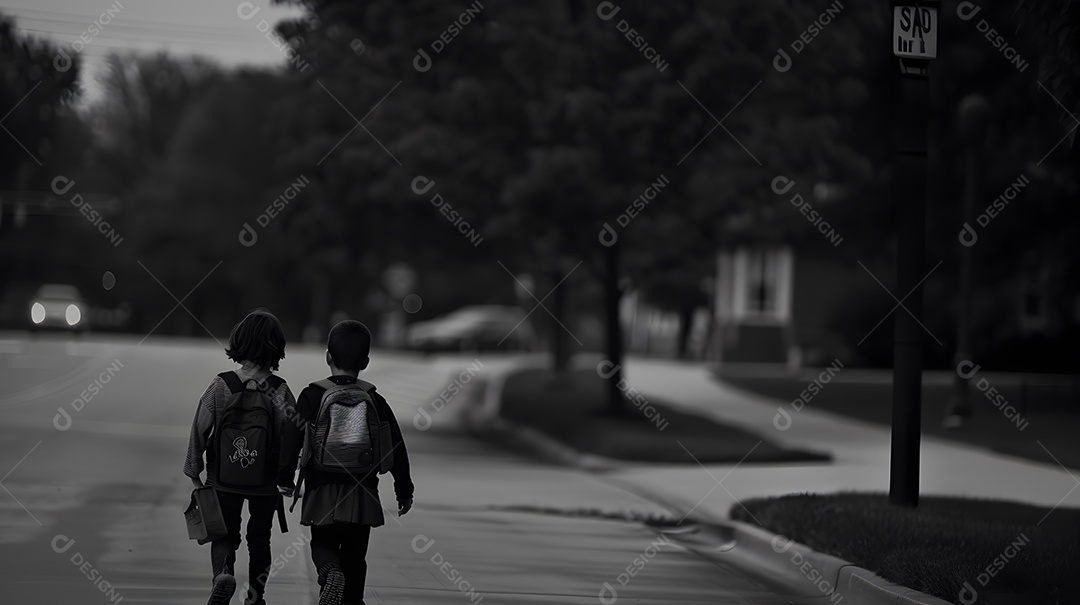 Crianças caminhando para a escola com mochilas