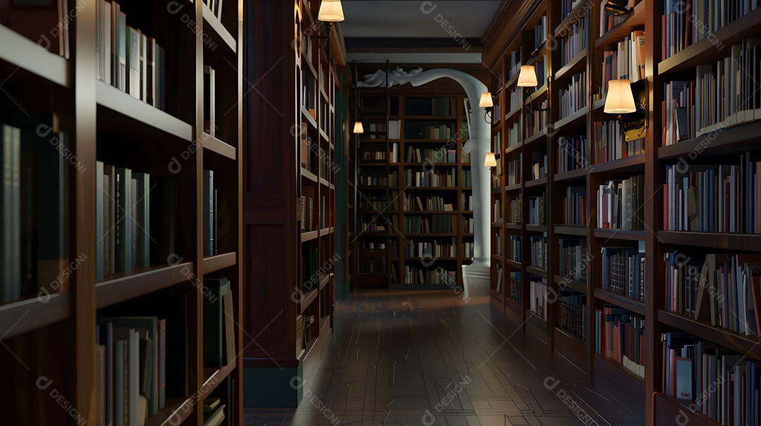 Biblioteca com livros nas prateleiras