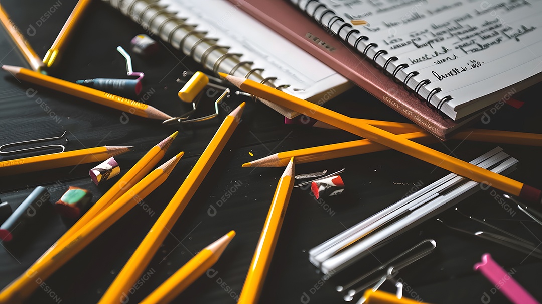 Lápis e cadernos espalhados sobre uma mesa