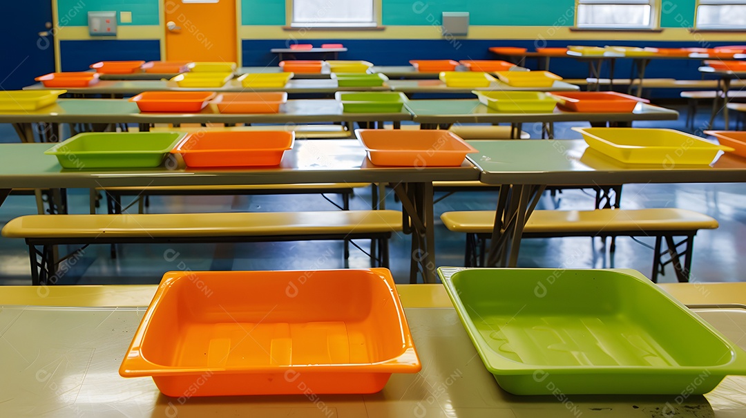 Refeitório escolar com bandejas de almoço