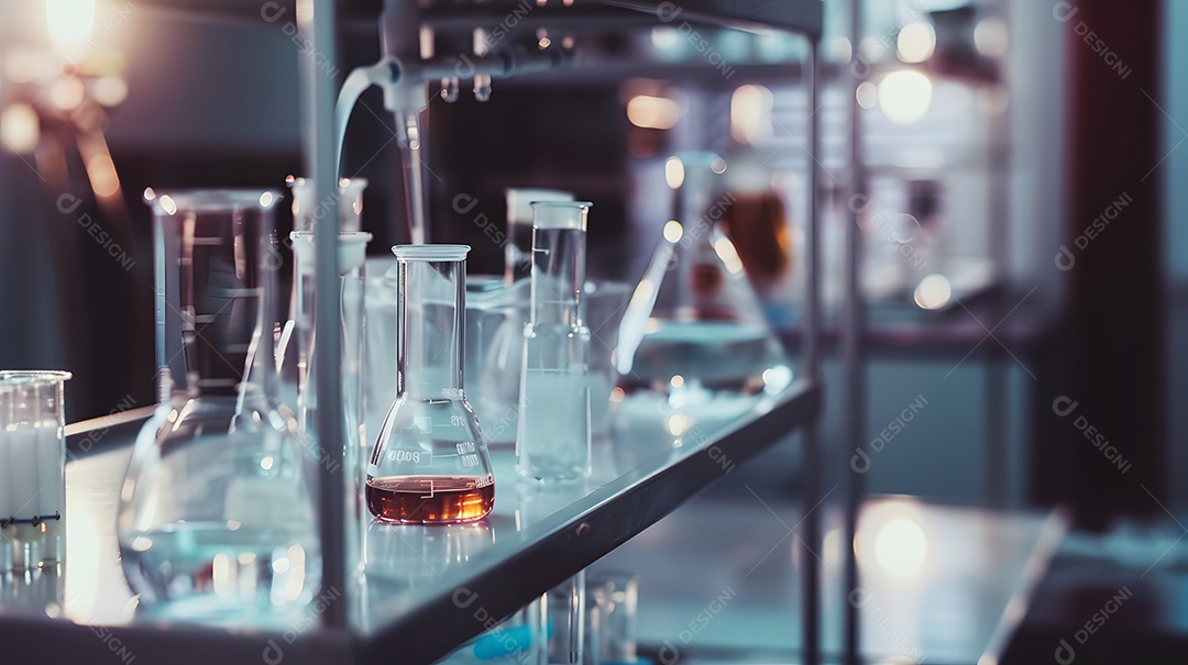 Uma mesa de laboratório desordenada cheia de tubos béqueres e equipamentos