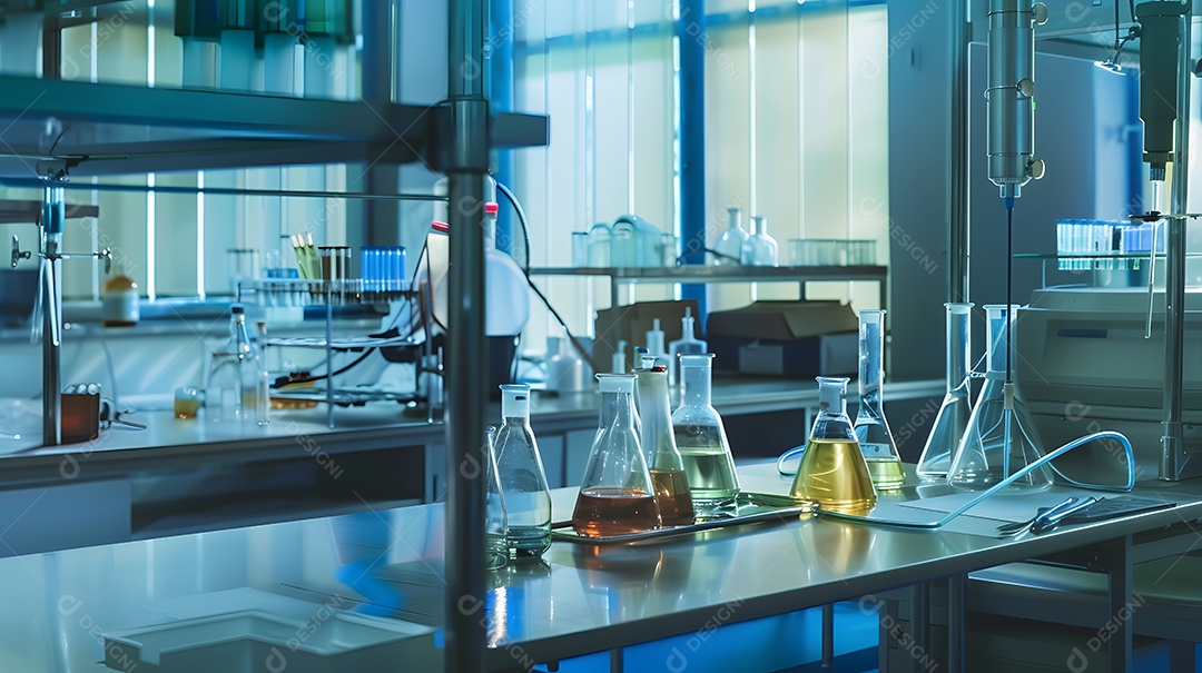 Uma mesa de laboratório desordenada cheia de tubos béqueres e equipamentos