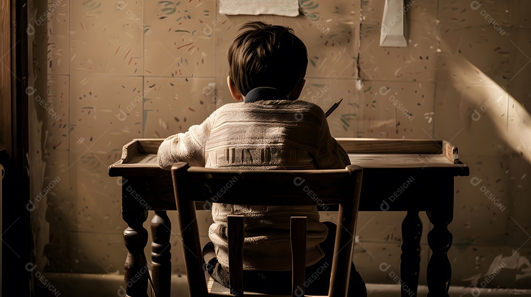 Uma criança sentada em uma mesa com um lápis na mão