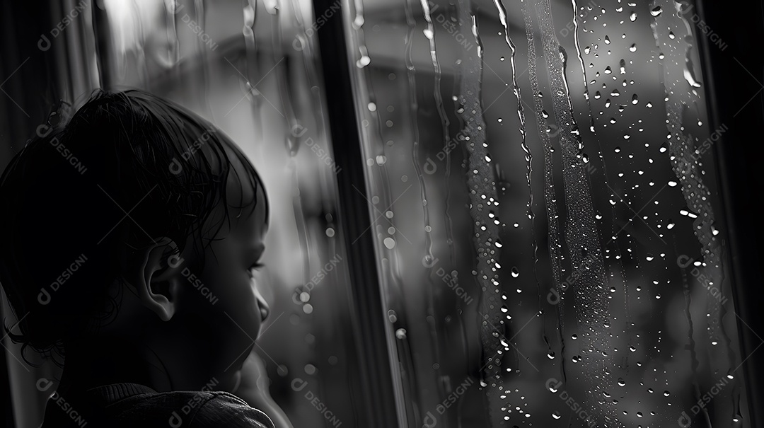 Uma criança olhando pela janela durante um dia chuvoso