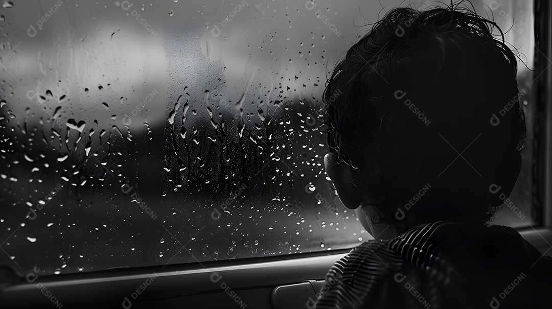 Uma criança olhando pela janela durante um dia chuvoso