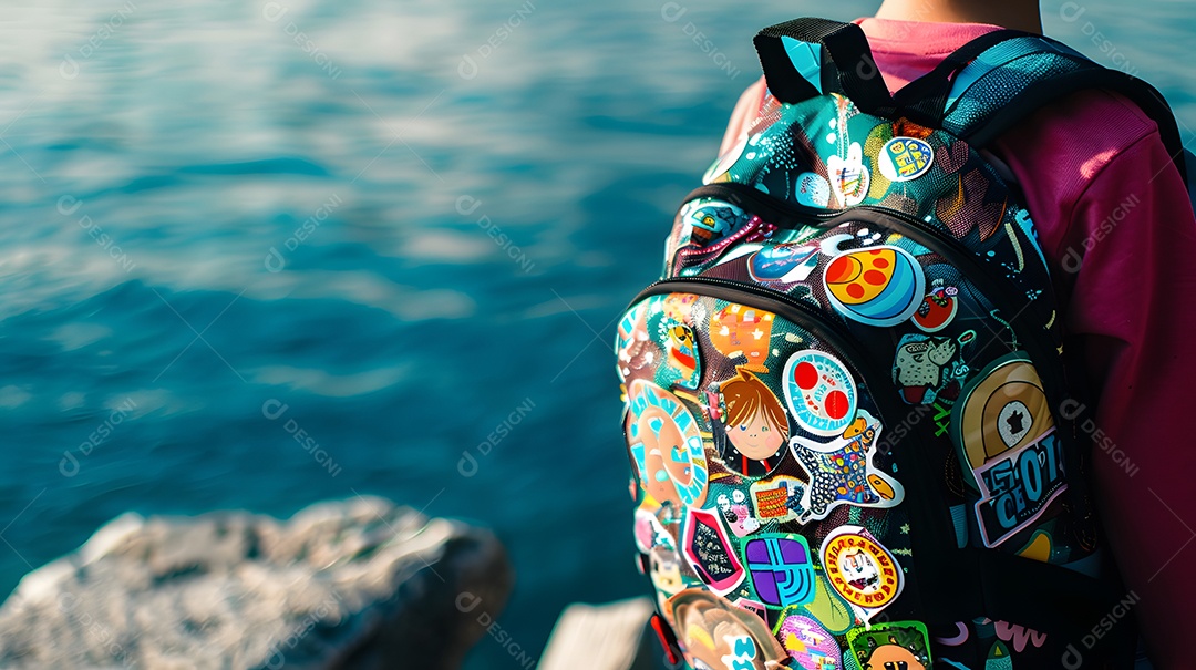 Uma criança com uma mochila coberta de patches de viagem