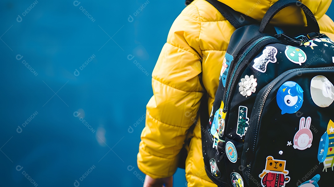 Uma criança com uma mochila coberta de patches de viagem