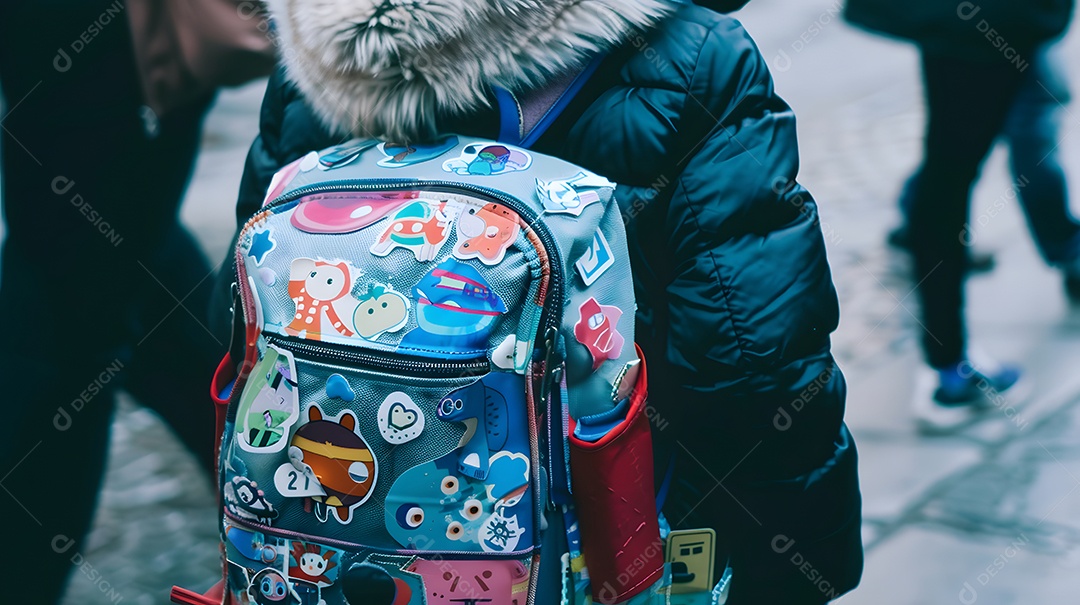 Uma criança com uma mochila coberta de patches de viagem