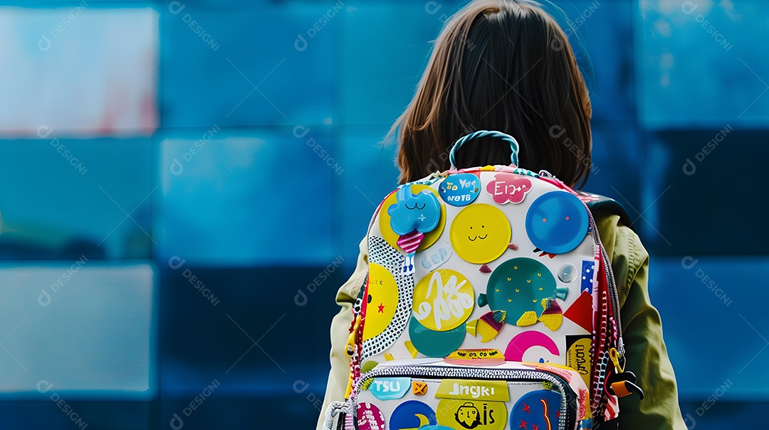 Uma criança com uma mochila coberta de patches de viagem