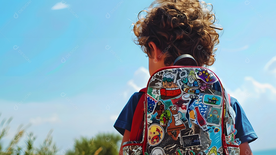 Uma criança com uma mochila coberta de patches de viagem