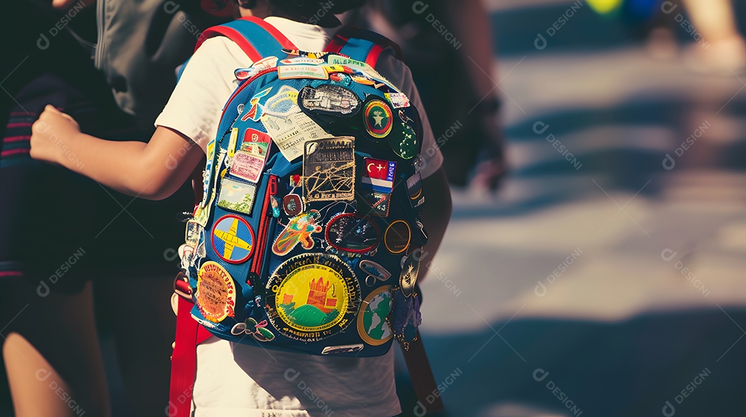 Uma criança com uma mochila coberta de patches de viagem