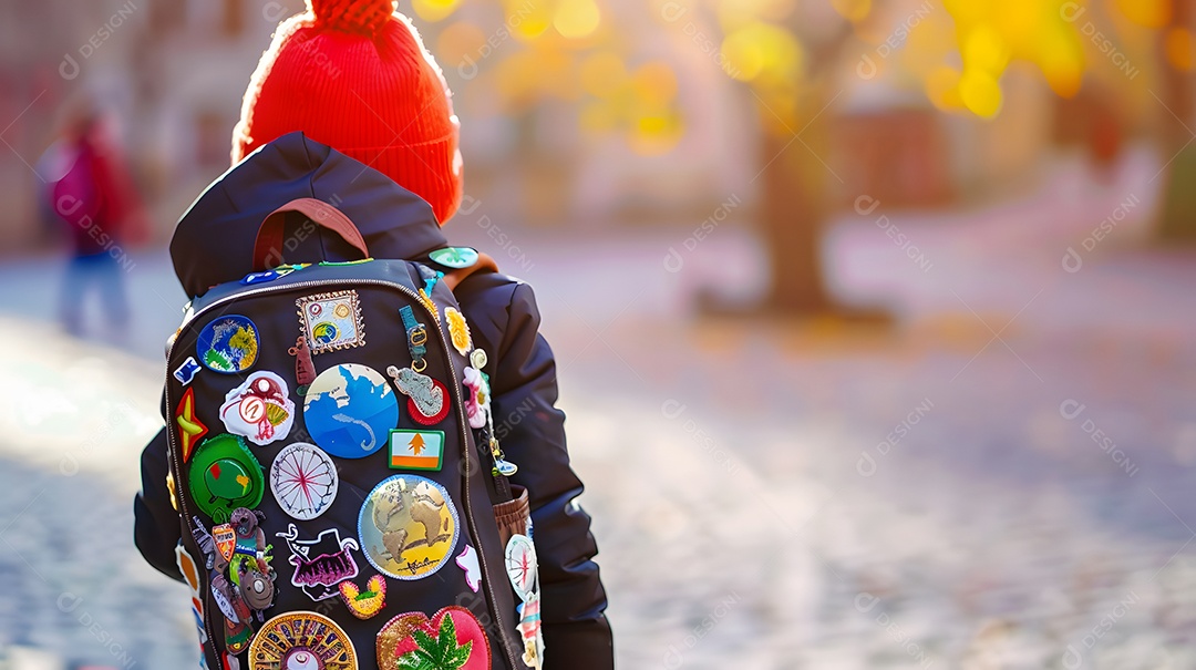 Uma criança com uma mochila coberta de patches de viagem