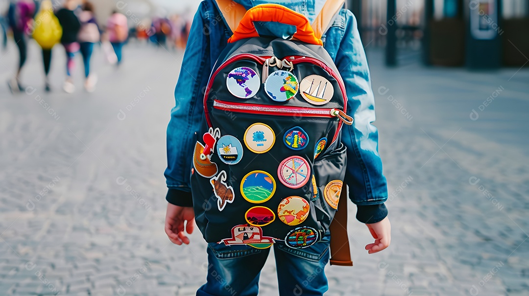 Uma criança com uma mochila coberta de patches de viagem