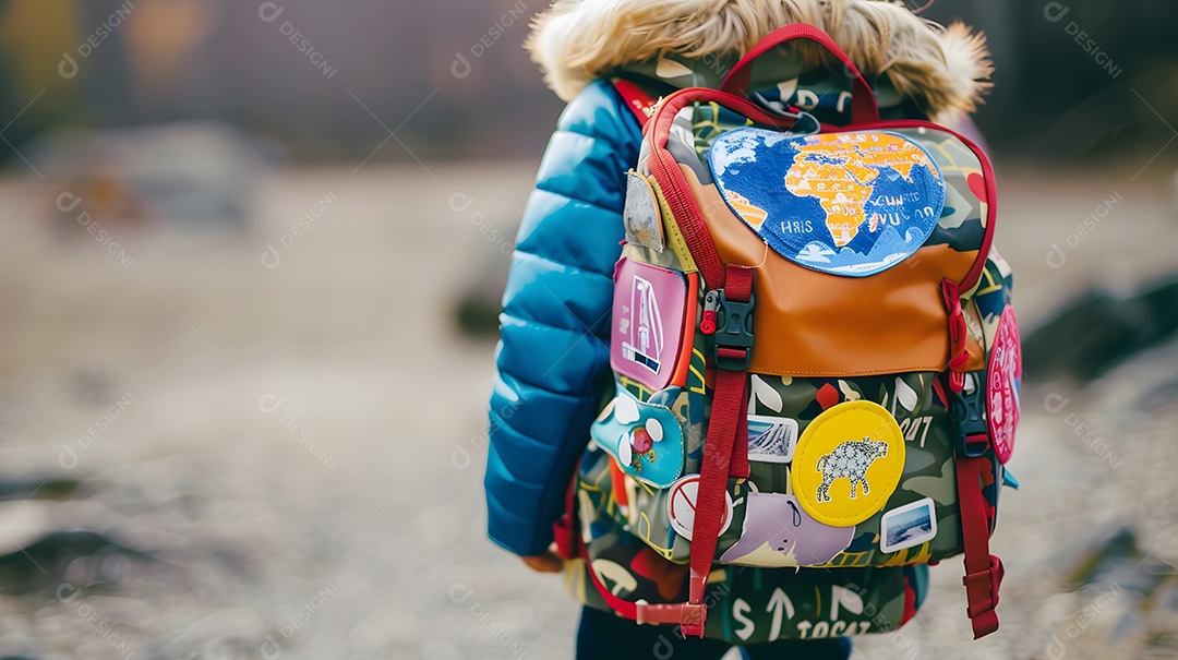 Uma criança com uma mochila coberta de patches de viagem