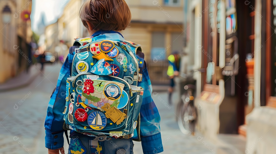 Uma criança com uma mochila coberta de patches de viagem