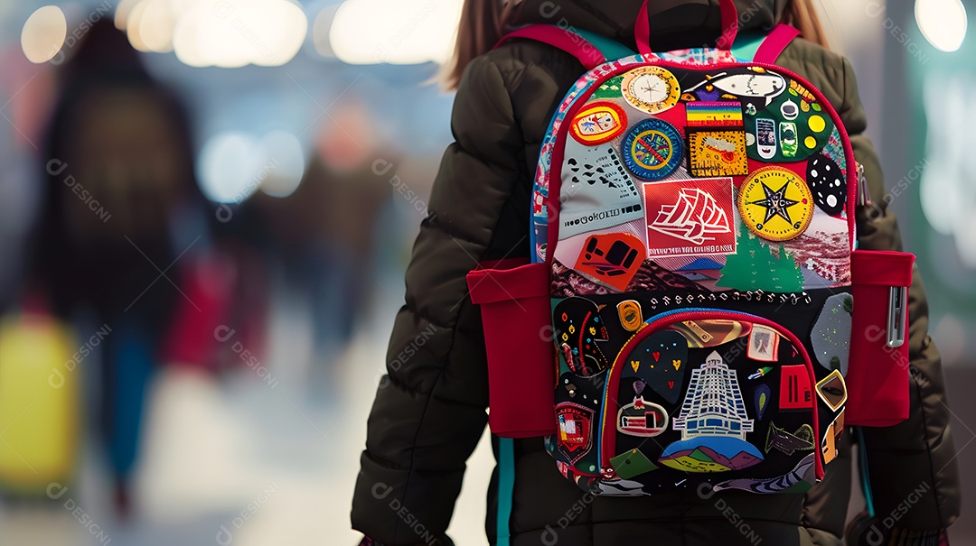 Uma criança com uma mochila coberta de patches de viagem