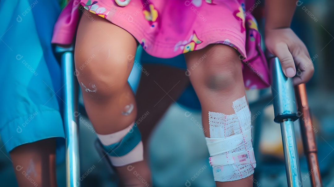 Uma criança com um joelho enfaixado e muletas