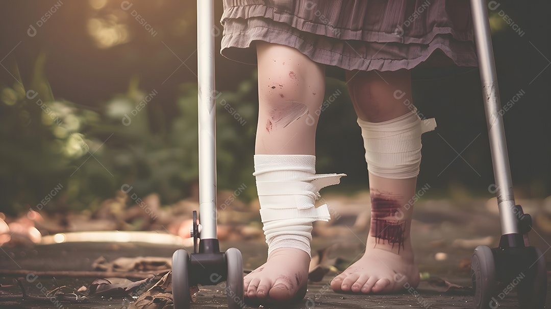 Uma criança com um joelho enfaixado e muletas