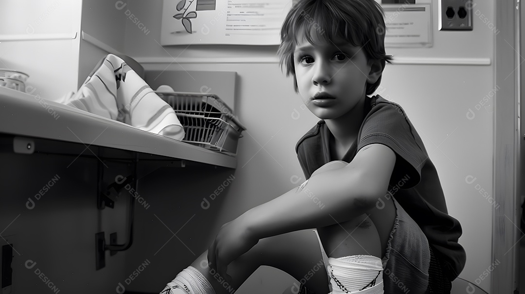 Uma criança com um joelho enfaixado sentada na enfermaria