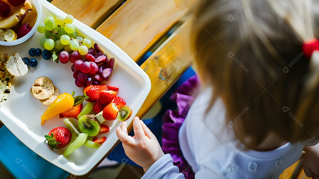 Uma criança com uma bandeja cheia de lanches saudáveis
