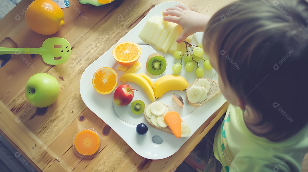 Uma criança com uma bandeja cheia de lanches saudáveis