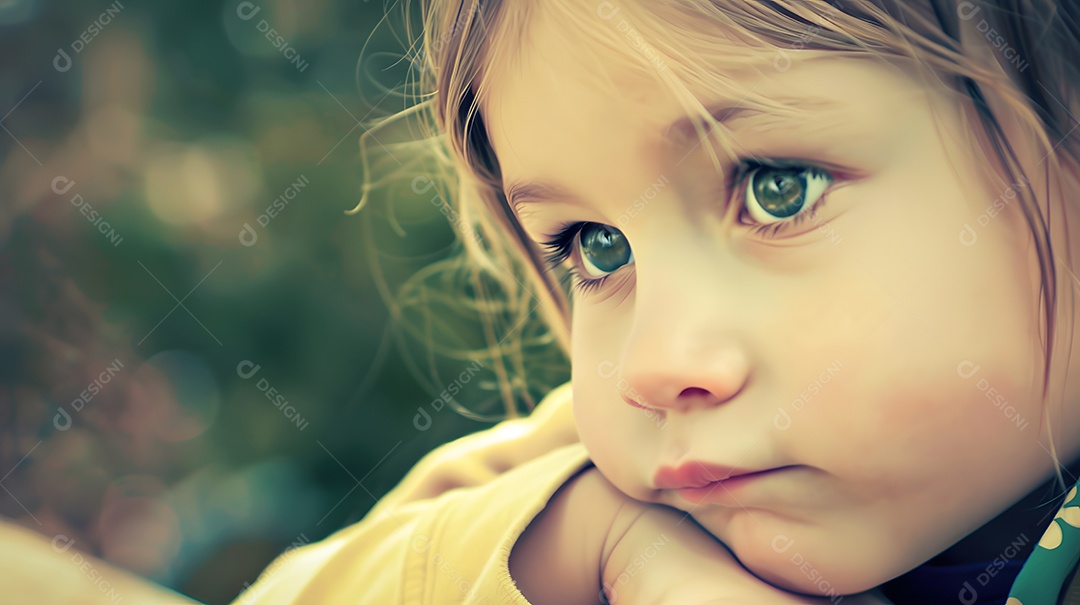 Uma criança com uma expressão pensativa, imersa em pensamentos